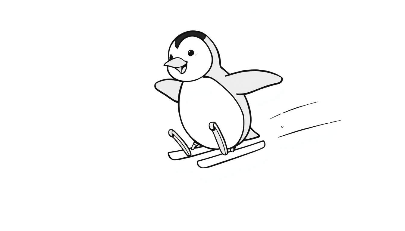 Un dessin en noir et blanc d'un pingouin souriant faisant du ski, avec des lignes de mouvement derrière lui.