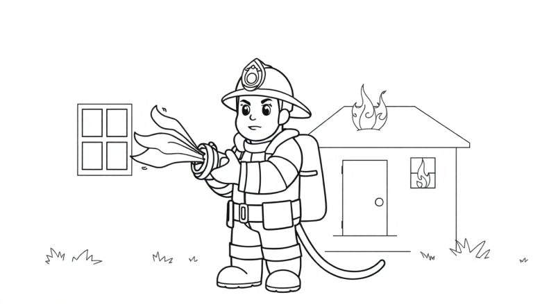 Pompier dessin animé éteignant un feu avec un tuyau d'arrosage, style livre de coloriage.