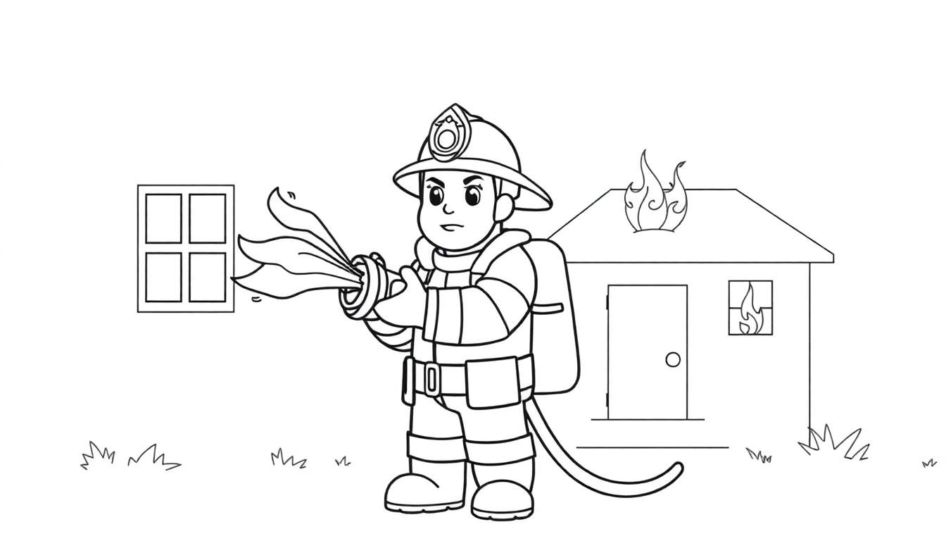 Pompier dessin animé éteignant un feu avec un tuyau d'arrosage, style livre de coloriage.
