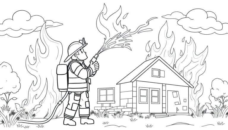 Un pompier courageux arrose une maison en feu avec un jet d'eau puissant, color panel.