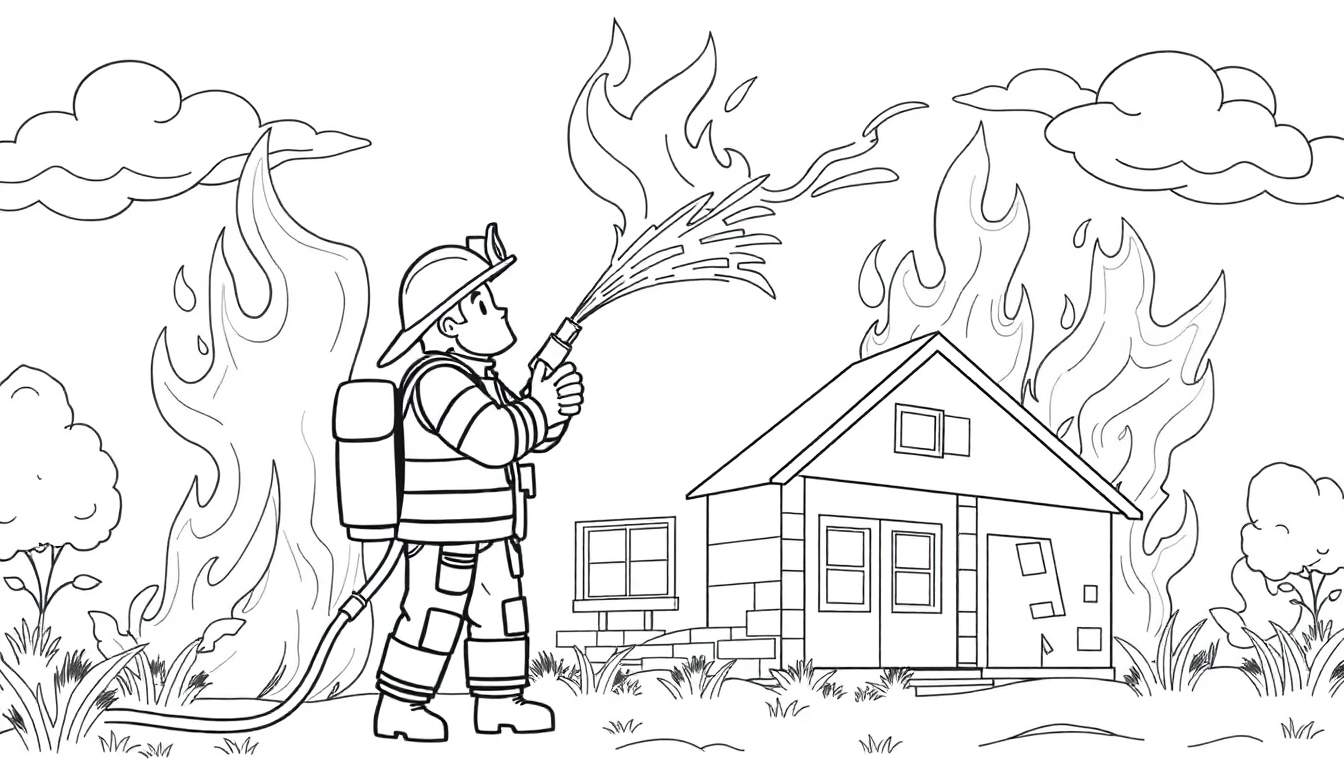 Un pompier courageux arrose une maison en feu avec un jet d'eau puissant, color panel.