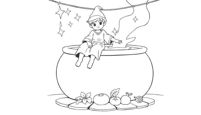 Un jeune sorcier souriant assis sur un chaudron bouillonnant, entouré d'étoiles, dans un dessin au trait de type panneau de coloriage.
