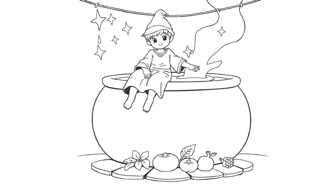 Un jeune sorcier souriant assis sur un chaudron bouillonnant, entouré d'étoiles, dans un dessin au trait de type panneau de coloriage.