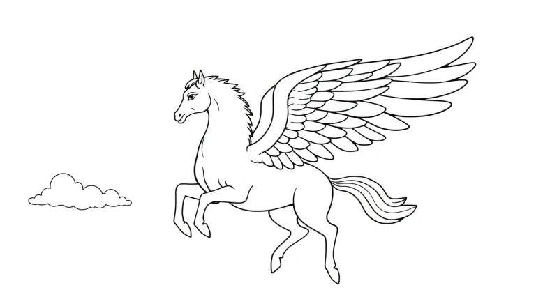 Dessin au trait d'un Pégase blanc en vol avec des ailes déployées et un nuage.