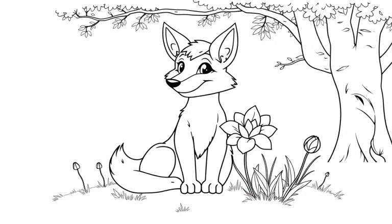 Un renard souriant assis près d'une fleur dans un color panel.