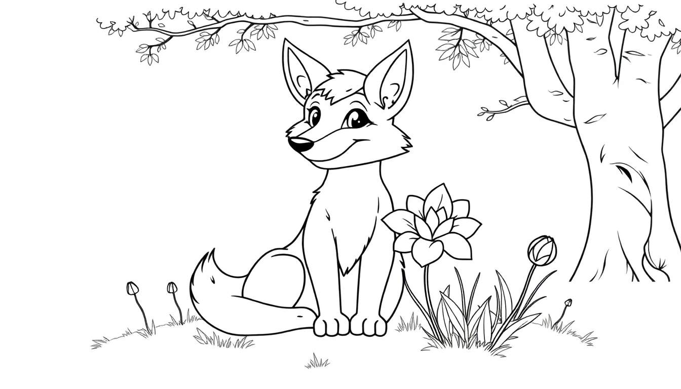 Un renard souriant assis près d'une fleur dans un color panel.