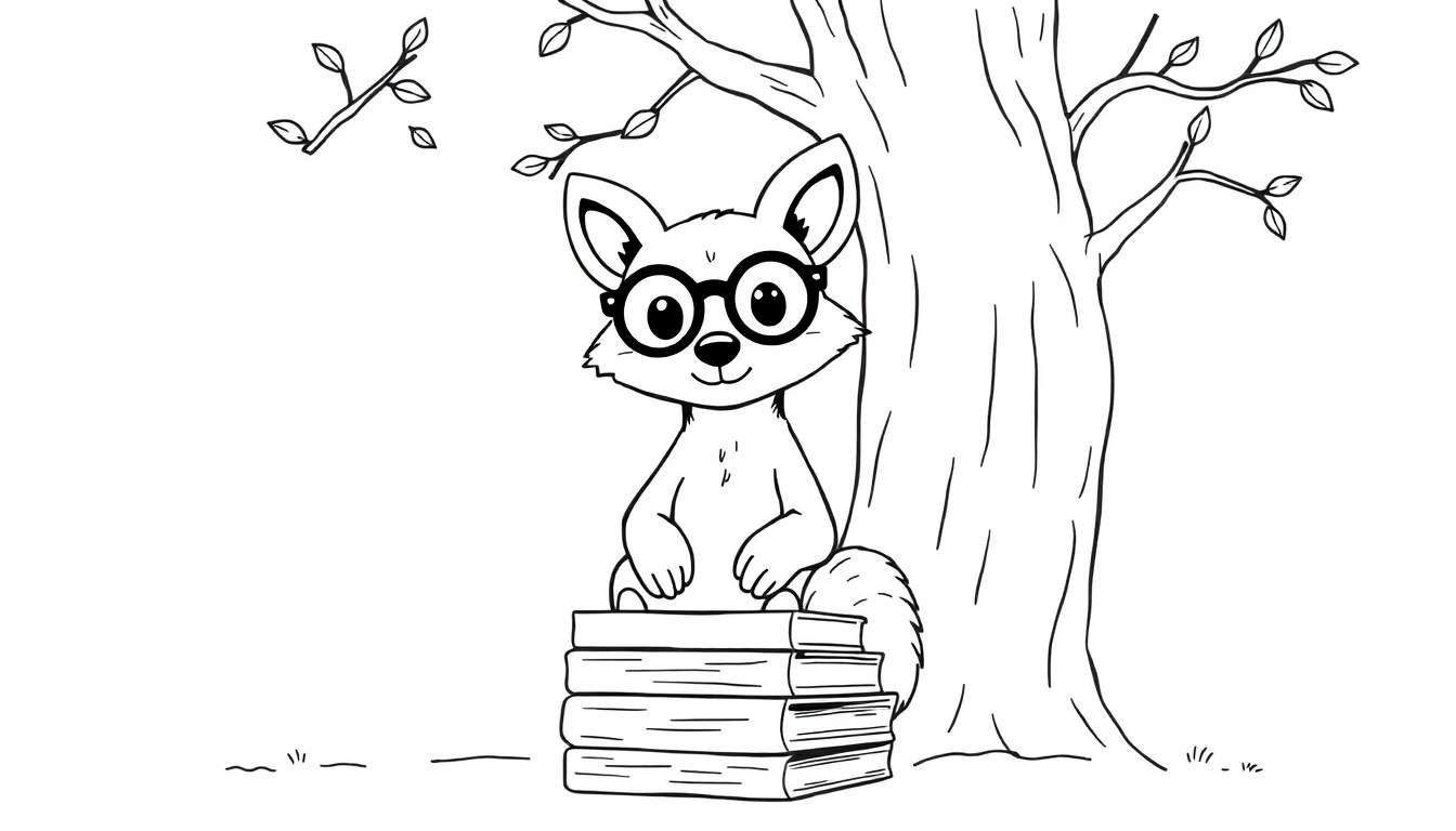 Un renard mignon portant des lunettes, assis sur des livres sous un arbre, avec une brindille flottant au-dessus.