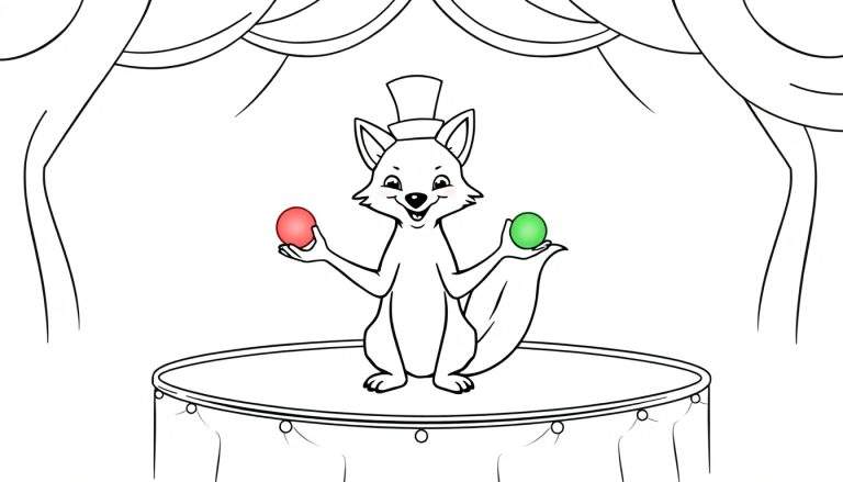 Une illustration en noir et blanc d'un renard anthropomorphe portant une haute-forme, tenant une boule rouge et une boule verte, sur une scène.