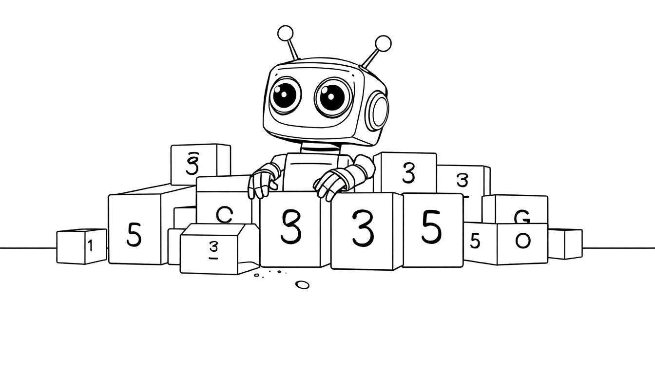 Un robot mignon jouant avec des blocs avec des chiffres et des lettres sur un color panel.