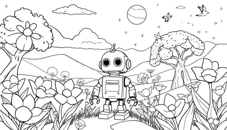 Un dessin au trait noir et blanc d'un robot de style rétro entouré de fleurs, de collines, d'arbres, de nuages, de la lune, d'étoiles, d'un papillon et d'un oiseau. Le design est simple et prêt à être colorisé.