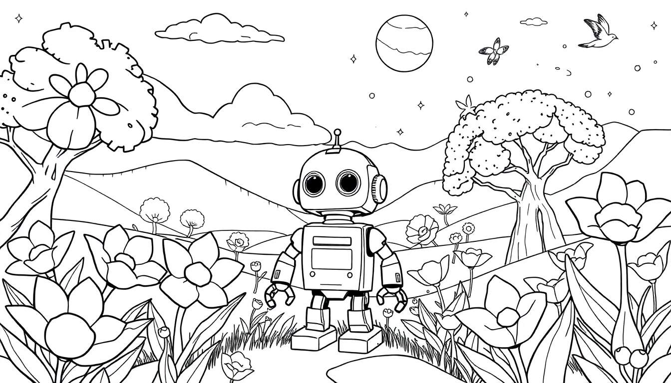 Un dessin au trait noir et blanc d'un robot de style rétro entouré de fleurs, de collines, d'arbres, de nuages, de la lune, d'étoiles, d'un papillon et d'un oiseau. Le design est simple et prêt à être colorisé.