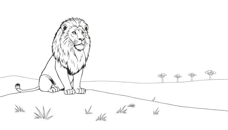 Un lion dessiné en noir et blanc, assis sur une butte d'herbe, dans un style croquis.