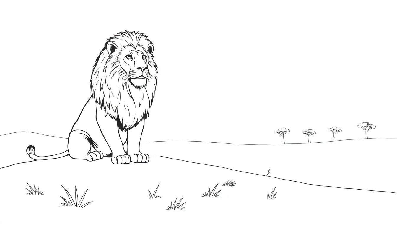 Un lion dessiné en noir et blanc, assis sur une butte d'herbe, dans un style croquis.