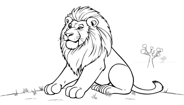 Dessin au trait d'un lion assis dans une savane, avec des arbres stylisés en arrière-plan, conçu comme un color panel.