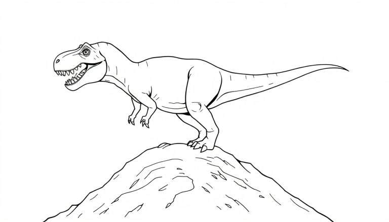 Dessin au trait d'un Tyrannosaure Rex souriant perché sur une colline.