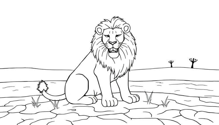Un lion au trait noir et blanc assis sur un sol craquelé sous un ciel vide.