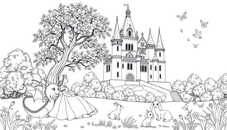 Page de coloriage complexe d'une princesse, d'un dragon, de lapins et d'un château dans un paysage féerique.