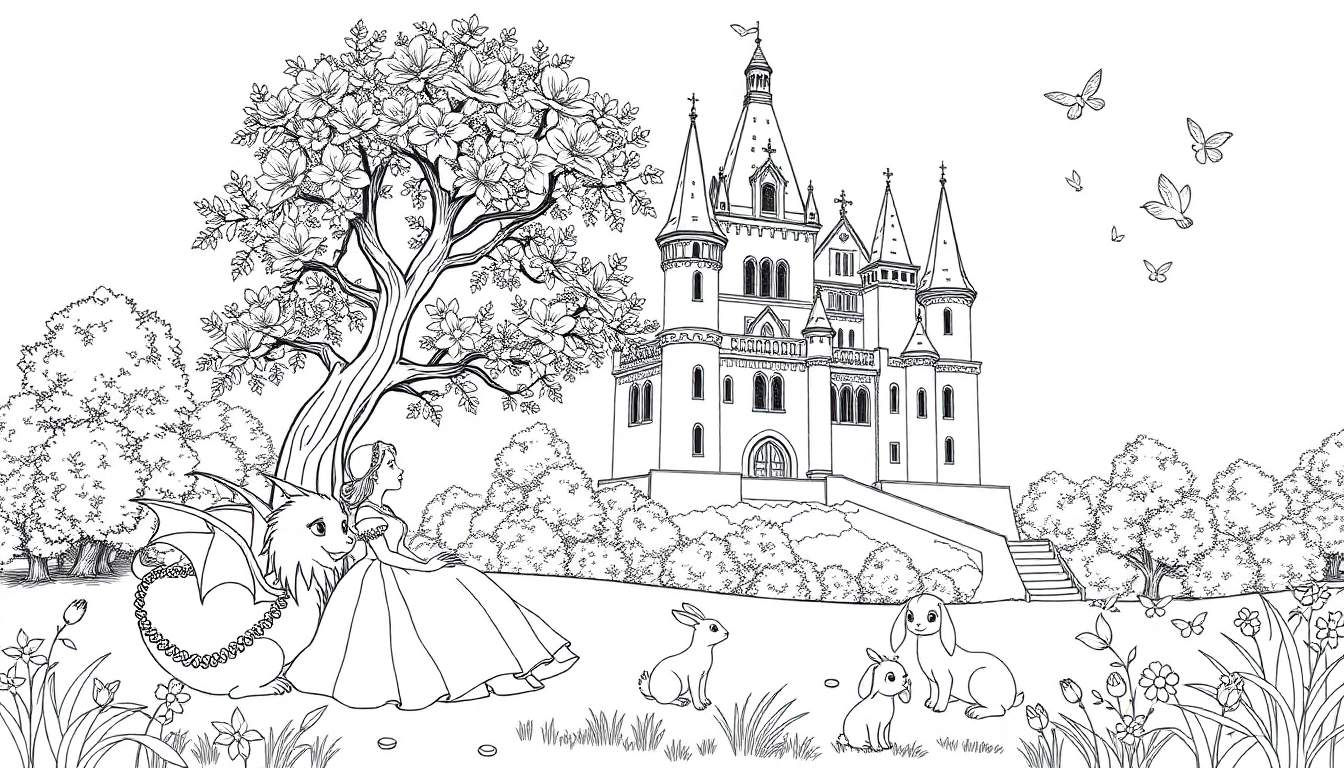Page de coloriage complexe d'une princesse, d'un dragon, de lapins et d'un château dans un paysage féerique.