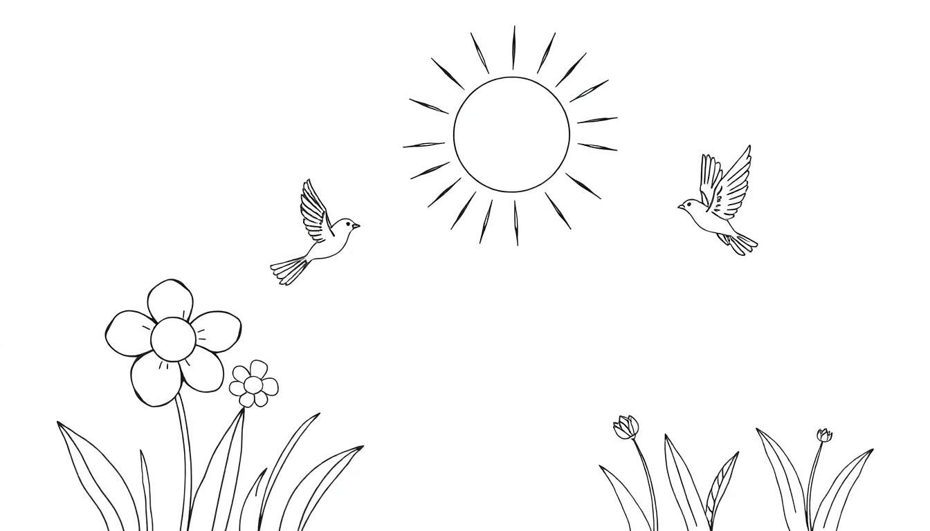Dessin au trait simple d'un paysage printanier avec un soleil rayonnant, deux oiseaux en vol, de l'herbe et des fleurs colorées, ressemblant à une page de coloris.
