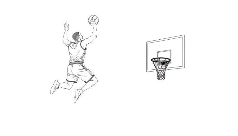 Un joueur de basketball saute pour marquer, vu de dos, sur un color panel noir et blanc.