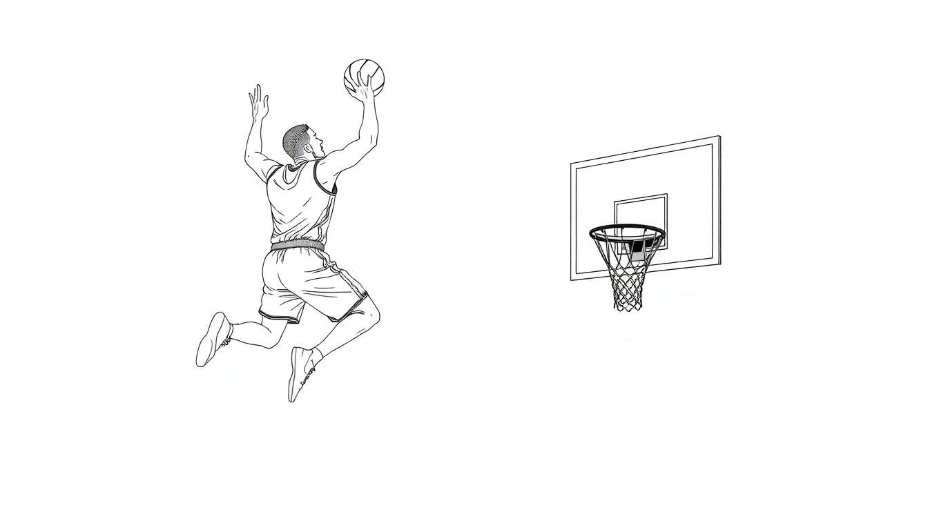 Un joueur de basketball saute pour marquer, vu de dos, sur un color panel noir et blanc.