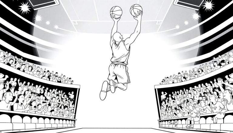 Dessin en noir et blanc d'un joueur de basket-ball en plein saut tenant un ballon dans chaque main, au-dessus d'un terrain de basket bondé, color panel.