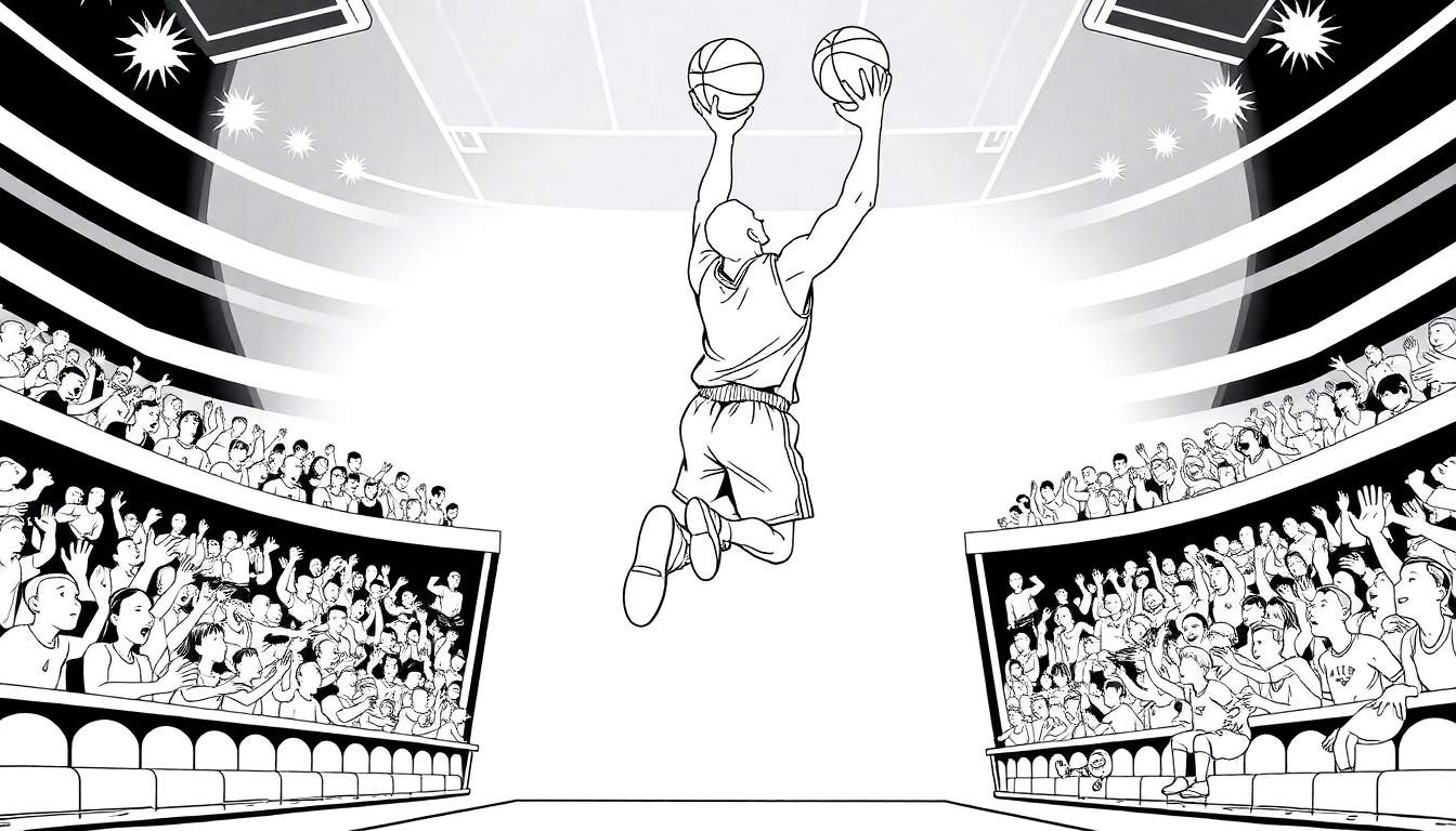 Dessin en noir et blanc d'un joueur de basket-ball en plein saut tenant un ballon dans chaque main, au-dessus d'un terrain de basket bondé, color panel.