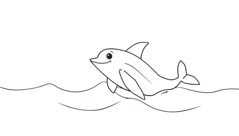 Un dauphin joyeux bondissant hors de l'eau, avec des vagues à colorier et des bulles.