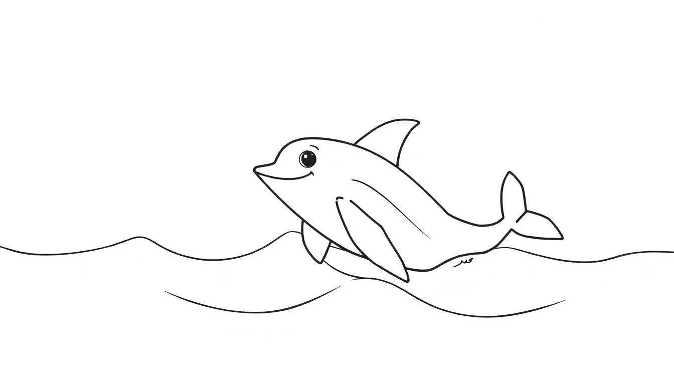 Un dauphin joyeux bondissant hors de l'eau, avec des vagues à colorier et des bulles.