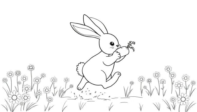 Lapin heureux sautant au-dessus d'une flaque d'eau dans un champ de pâquerettes, tenant une carotte.