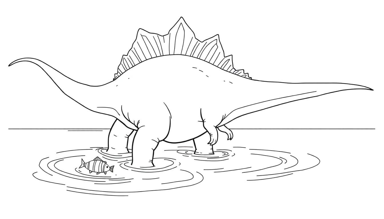 Dessin au trait d'un dinosaure Spinosaure avec une voile sur le dos, nageant dans l'eau avec des poissons. Parfait pour un color panel.