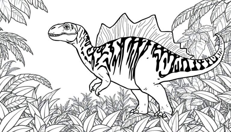 Dessin au trait noir et blanc d'un dinosaure Spinosaure avec une grande voile dorsale dans une jungle luxuriante avec des feuilles et des plantes tropicales. C'est une image à colorier.
