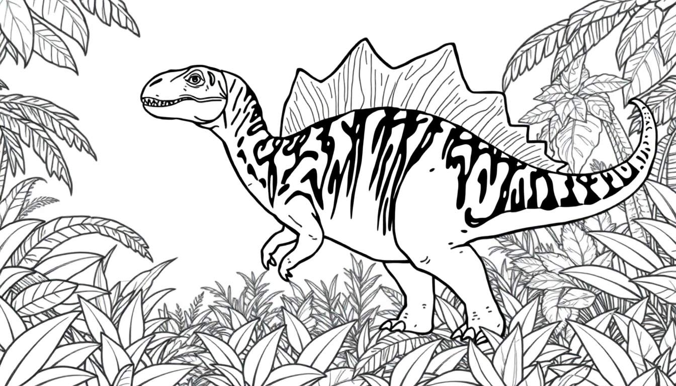 Dessin au trait noir et blanc d'un dinosaure Spinosaure avec une grande voile dorsale dans une jungle luxuriante avec des feuilles et des plantes tropicales. C'est une image à colorier.