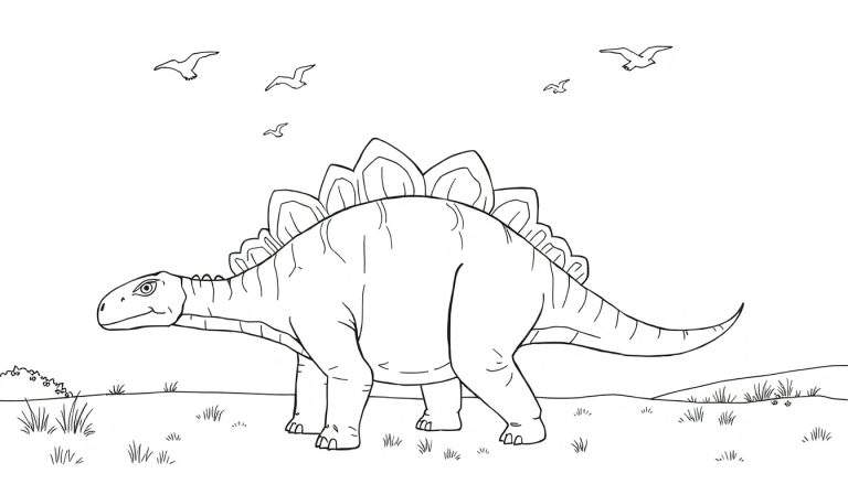 Dessin au trait d'un stégosaure, style livre de coloriage.