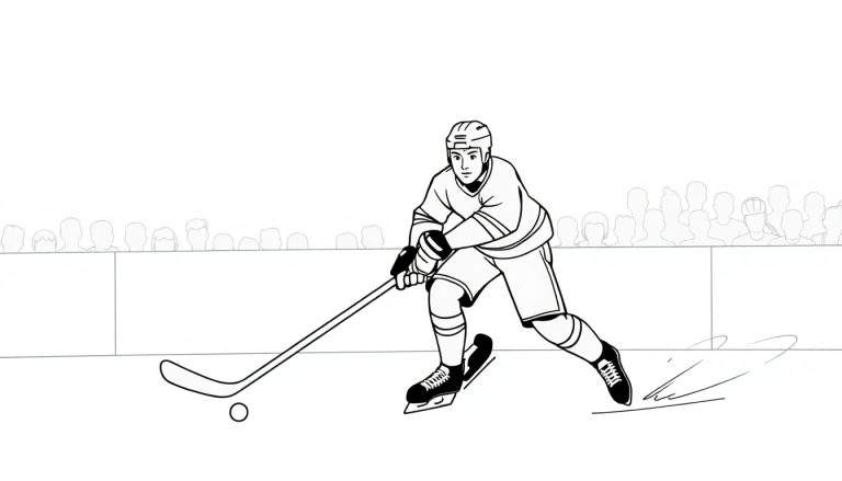 Dessin au trait d'un joueur de hockey en action, prêt à frapper la rondelle.