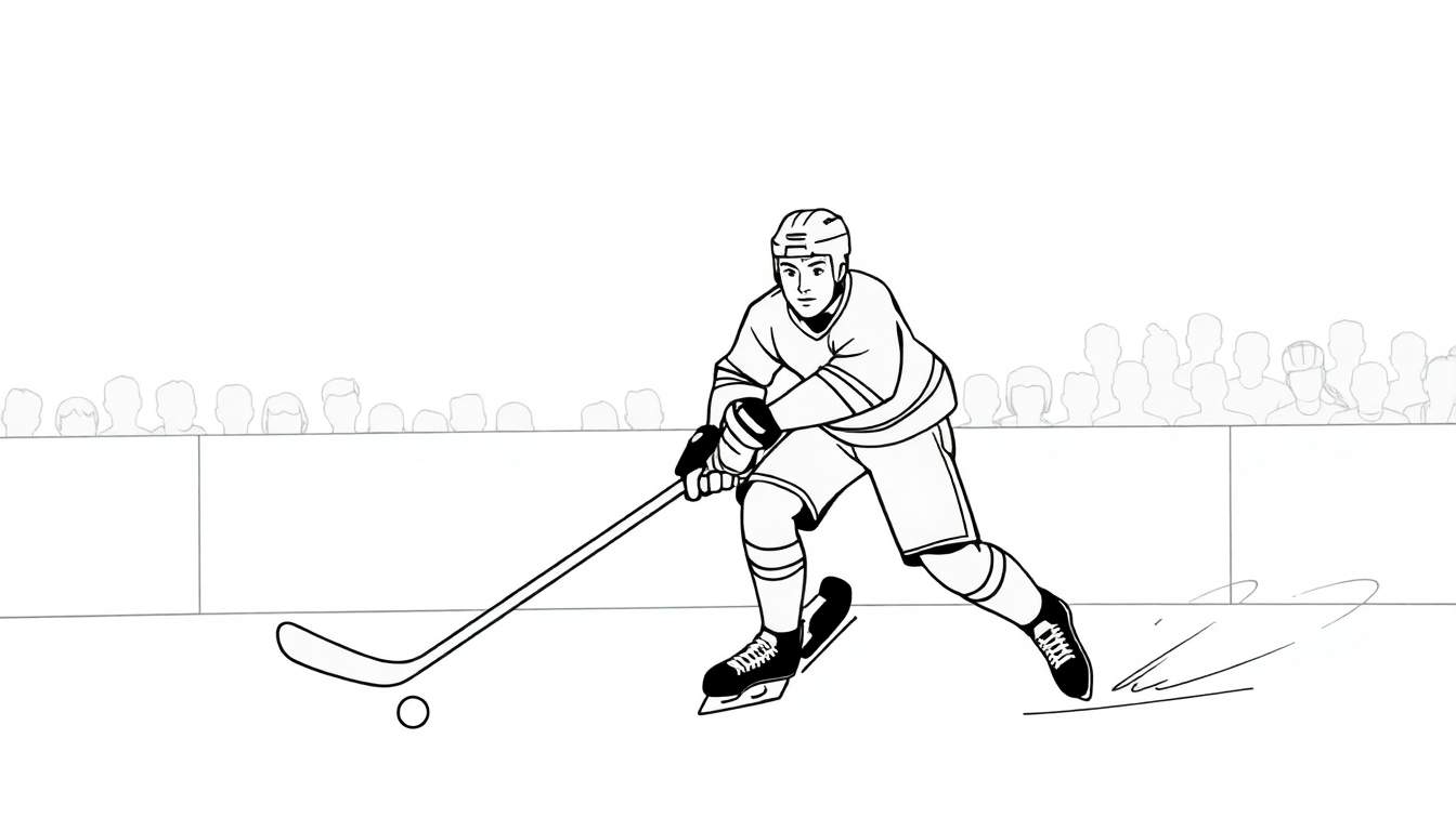 Dessin au trait d'un joueur de hockey en action, prêt à frapper la rondelle.