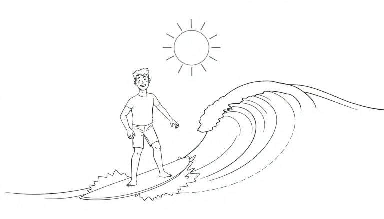 Dessin au trait d'un surfeur souriant sur une vague sous un soleil jaune.