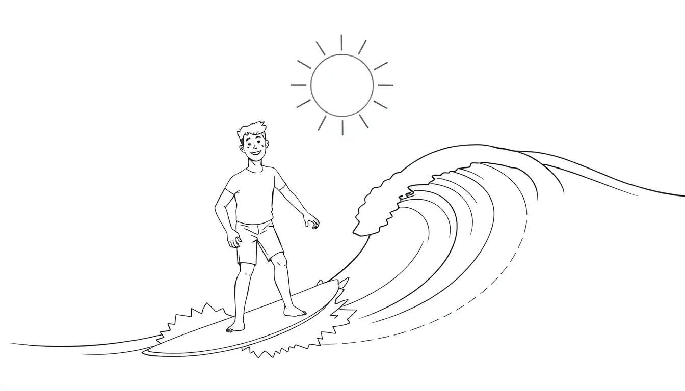 Dessin au trait d'un surfeur souriant sur une vague sous un soleil jaune.