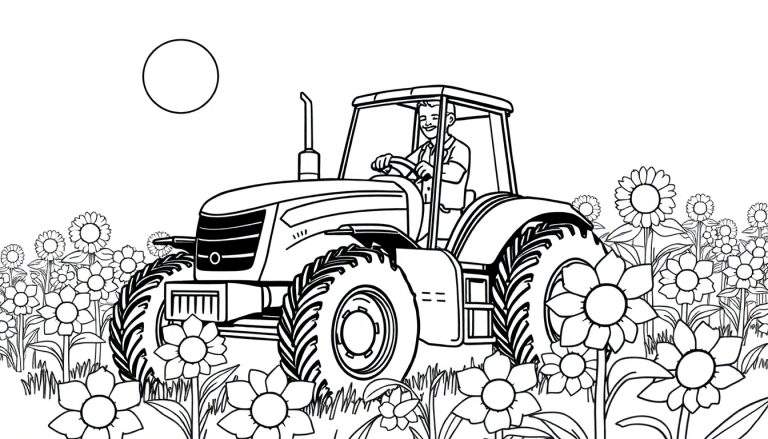 Un dessin en noir et blanc d'un tracteur conduit par un fermier joyeux dans un champ de tournesols, parfait pour une page de coloriage.