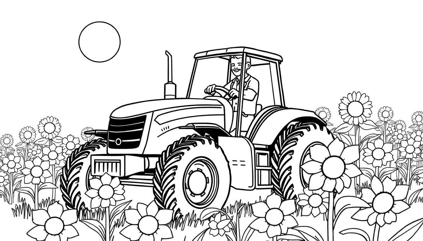 Un dessin en noir et blanc d'un tracteur conduit par un fermier joyeux dans un champ de tournesols, parfait pour une page de coloriage.