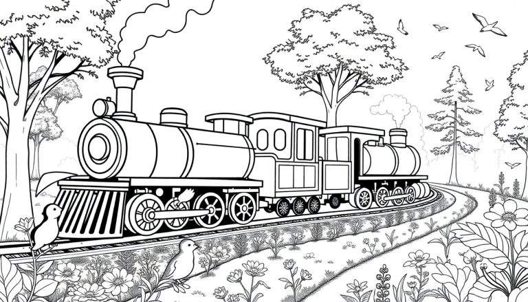 Un train à vapeur traversant un paysage luxuriant avec des fleurs et des arbres, un dessin au trait prêt à être colorisé.