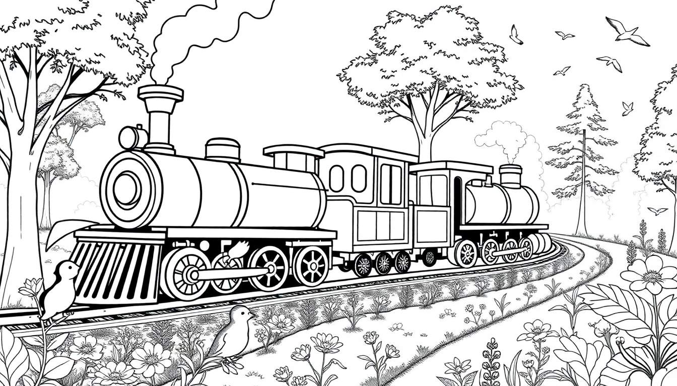 Un train à vapeur traversant un paysage luxuriant avec des fleurs et des arbres, un dessin au trait prêt à être colorisé.