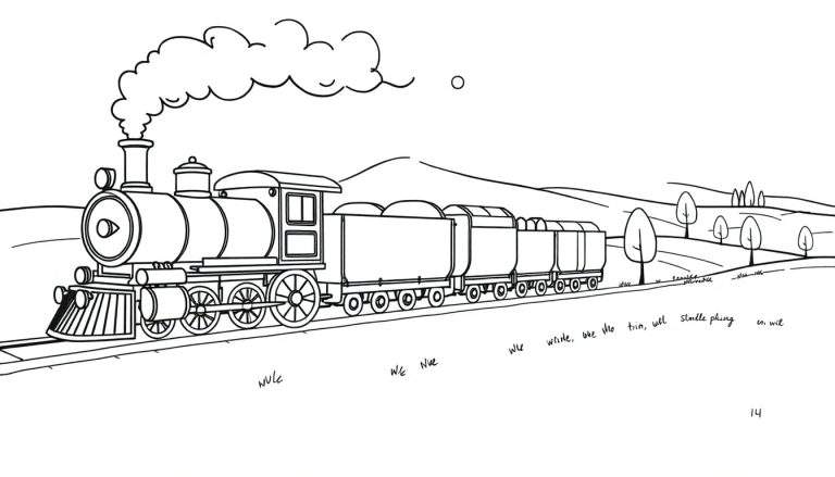 Illustration au trait d'un train à vapeur traversant une campagne avec des collines, des arbres et un soleil.