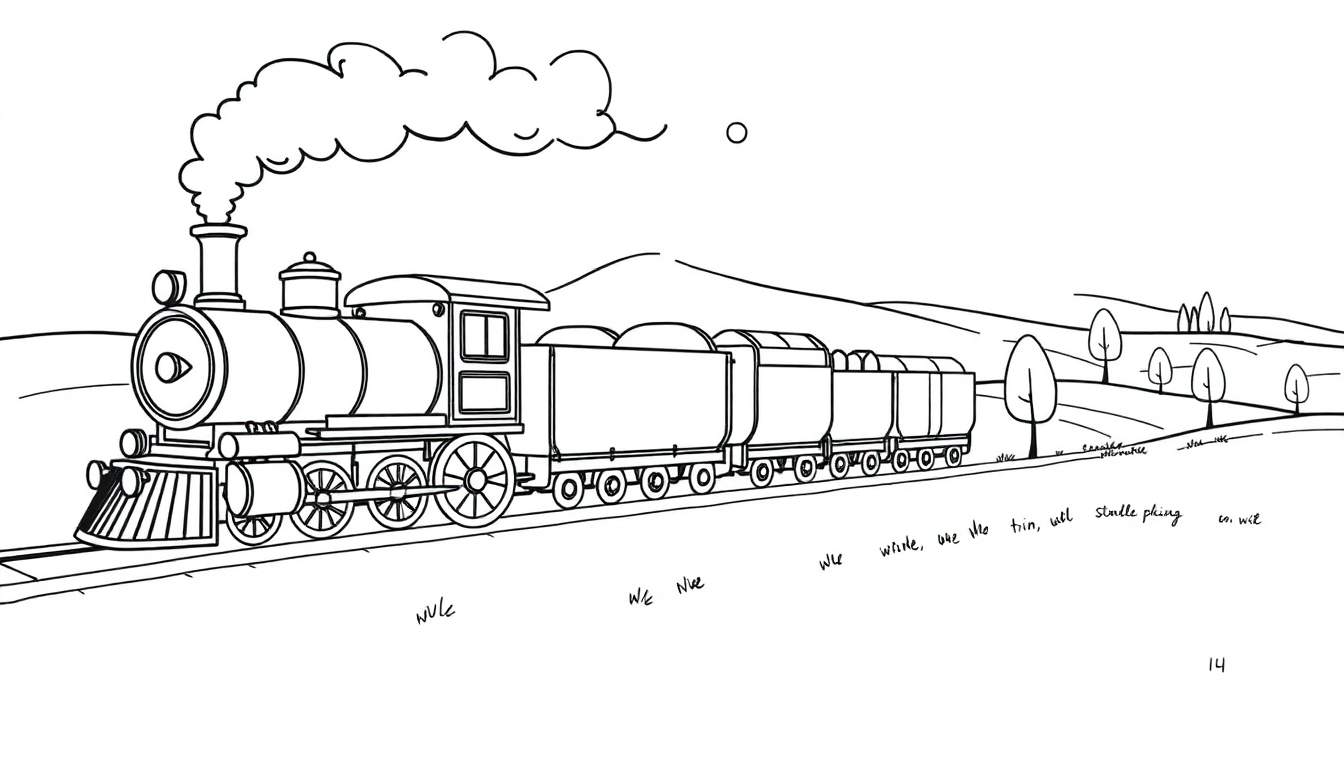 Illustration au trait d'un train à vapeur traversant une campagne avec des collines, des arbres et un soleil.