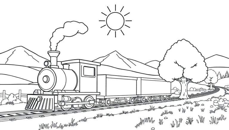 Un dessin au trait d'un train à vapeur traversant un paysage vallonné.