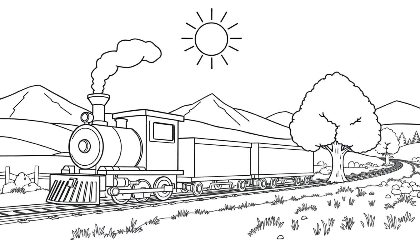 Un dessin au trait d'un train à vapeur traversant un paysage vallonné.