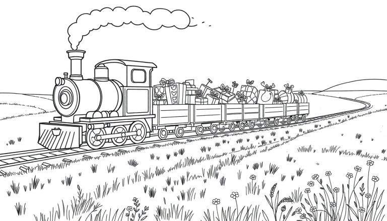 Dessin au trait d'un train transportant des cadeaux colorés dans un paysage vallonné, conçu pour un coloriage.