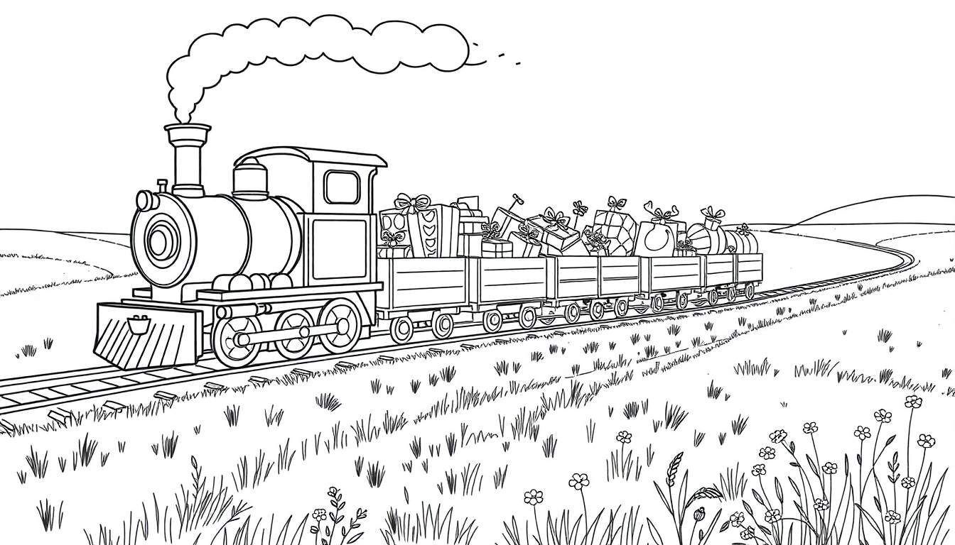 Dessin au trait d'un train transportant des cadeaux colorés dans un paysage vallonné, conçu pour un coloriage.