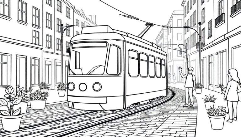 Dessin au trait noir et blanc d'un tramway moderne sur une rue pavée avec des passants et des bâtiments.