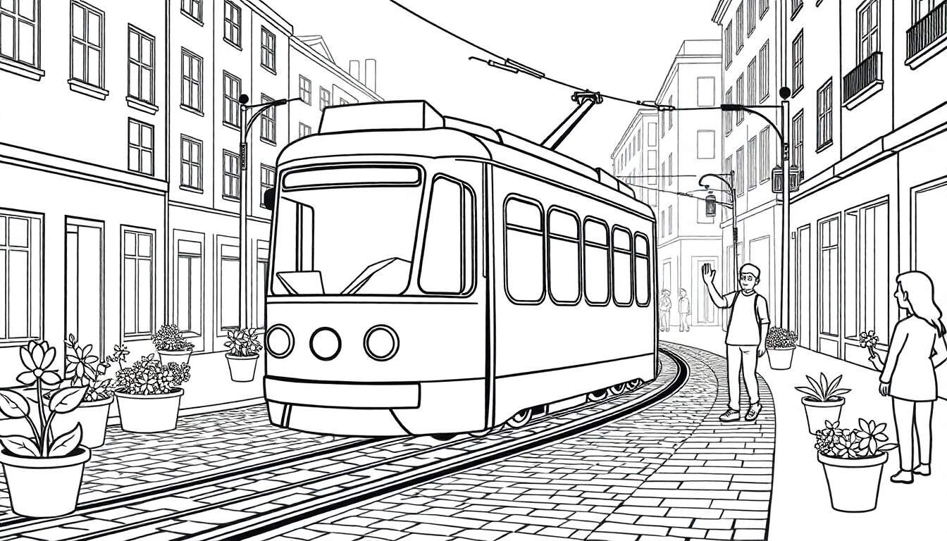 Dessin au trait noir et blanc d'un tramway moderne sur une rue pavée avec des passants et des bâtiments.
